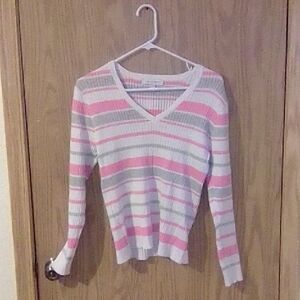 Madison V-Neck Sweater in Pink and White Stripes